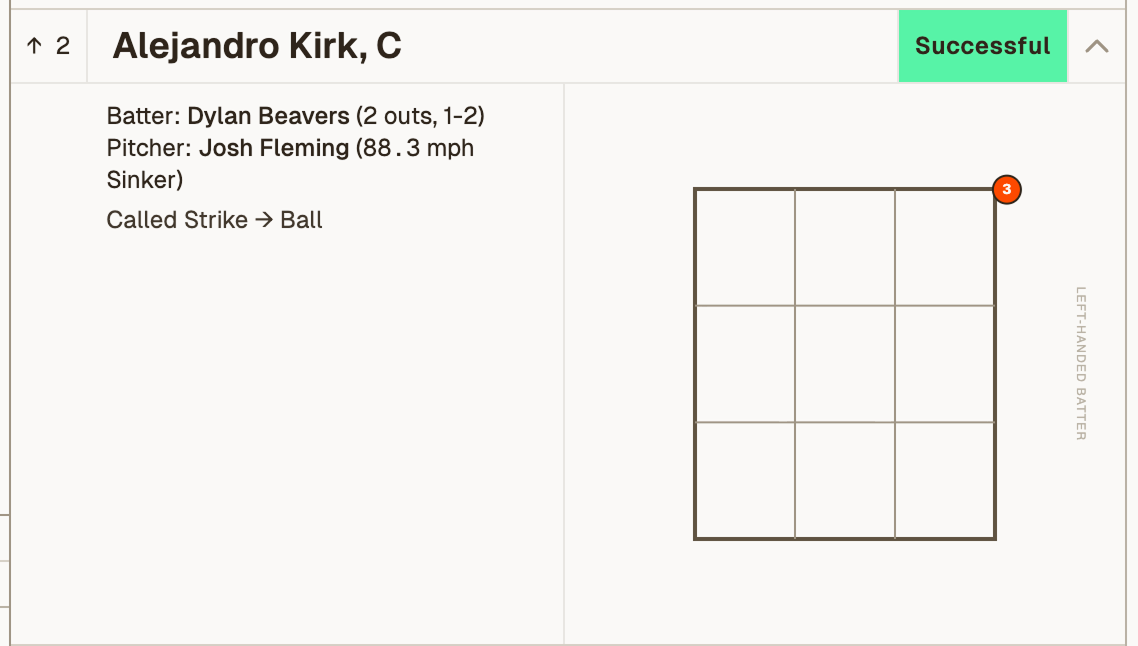 An expanded challenge in the challenges tab showing a description of the call and a strikezone visualization showing where the pitch was located.